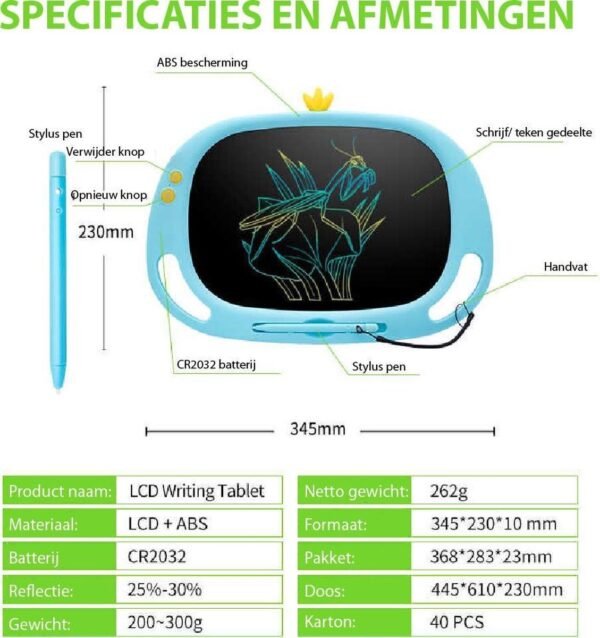 Blossombel 13" LCD Teken en schrijfscherm - tablet voor kinderen - speelgoed - cadeau voor kinderen - school- studie -koraal roos- extra stylus - extra pen en batterij