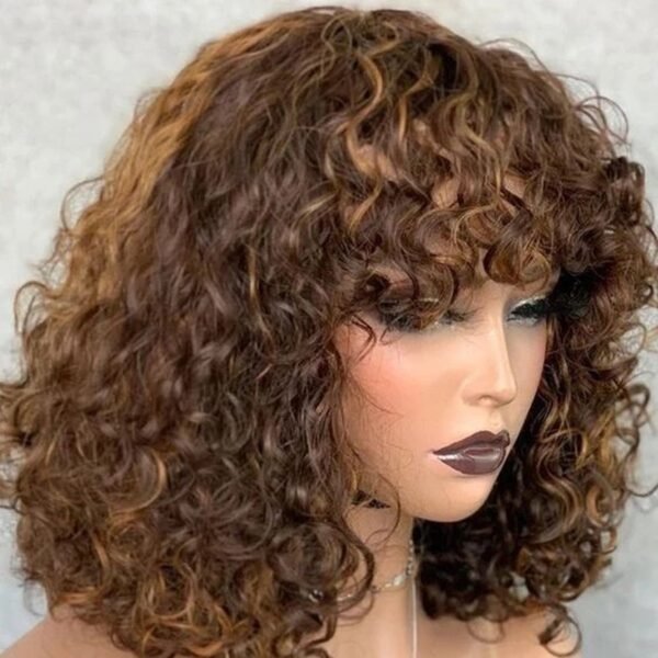 Blossombel Vietnamese waterwave human hair pruik, bruin met karamel highlights - 99J 12A - fringes 12"