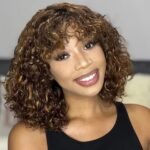 Blossombel Vietnamese waterwave human hair pruik, bruin met karamel highlights - 99J 12A - fringes 12"