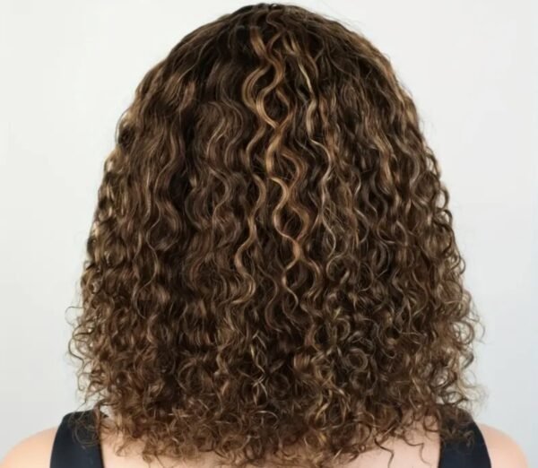 Blossombel Vietnamese waterwave human hair pruik, bruin met karamel highlights - 99J 12A - fringes 12"