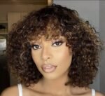 Blossombel Vietnamese waterwave human hair pruik, bruin met karamel highlights - 99J 12A - fringes 12"