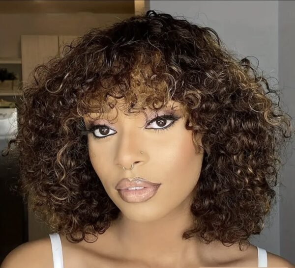 Blossombel Vietnamese waterwave human hair pruik, bruin met karamel highlights - 99J 12A - fringes 12"