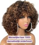 Blossombel Vietnamese waterwave human hair pruik, bruin met karamel highlights - 99J 12A - fringes 12"