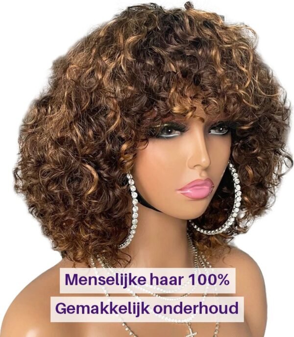 Blossombel Vietnamese waterwave human hair pruik, bruin met karamel highlights - 99J 12A - fringes 12"