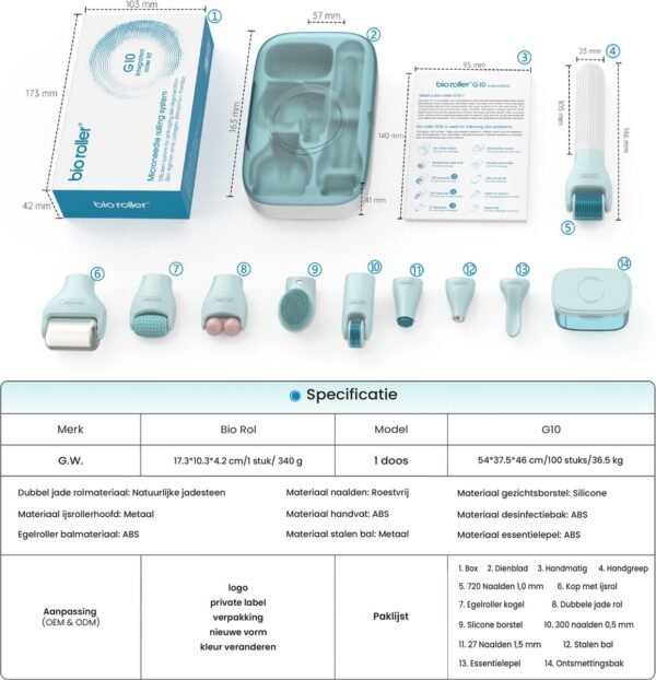 Bio Roller G10 – Derma Roller Huidverzorging Kit met 720 Naalden, Jade Roller & Gezichtsborstel