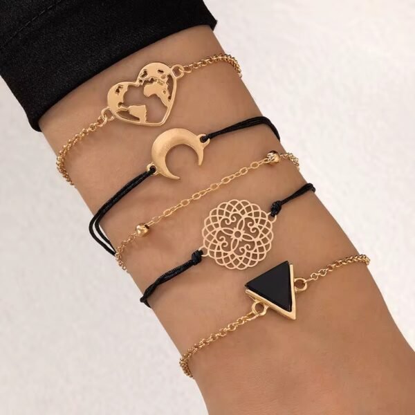 Set van 6 Bohemian Armbanden – Zwarte Touw & Goudkleurige Kettingen met Symbolen