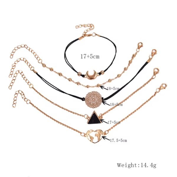 Set van 6 Bohemian Armbanden – Zwarte Touw & Goudkleurige Kettingen met Symbolen