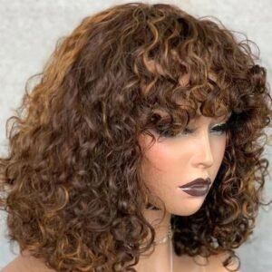 Blossombel Vietnamese waterwave human hair pruik, bruin met karamel highlights - 99J 12A - fringes 12"